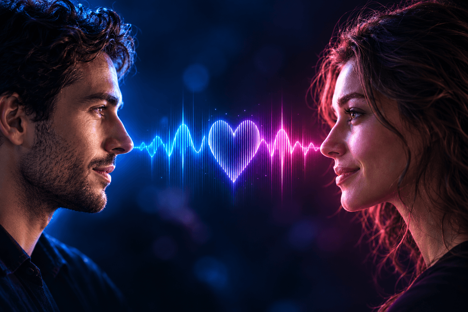 Two people facing each other with a glowing voice waveform between them